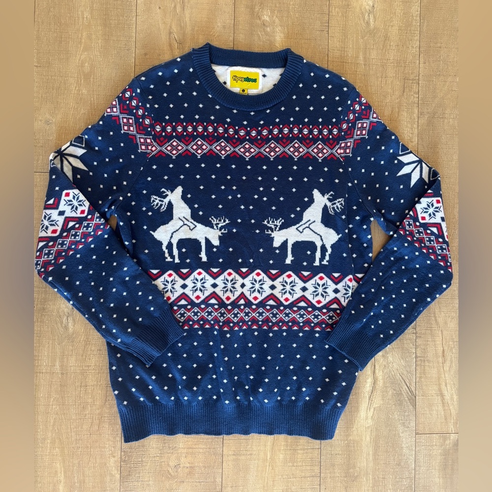 Tipsy Elves Navy and Red Naughty Reindeer Crewneck Sweater